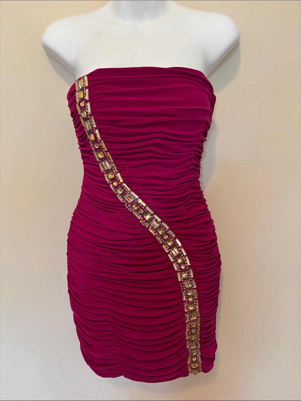 Faviana Strapless Fuchsia Cocktail Dress with Gold Trim
